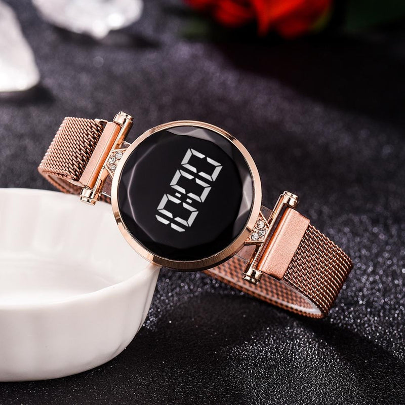 Digital Watch with Magnetic Mesh Band