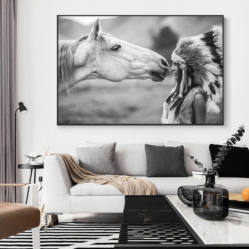 Black and White Native Indian with Horse Portrait Canvas Art Scandinavian Poster Print Wall Picture