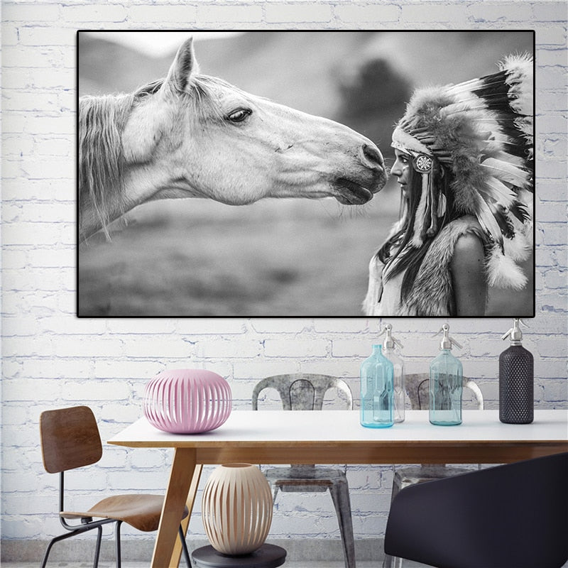 Black and White Native Indian with Horse Portrait Canvas Art Scandinavian Poster Print Wall Picture