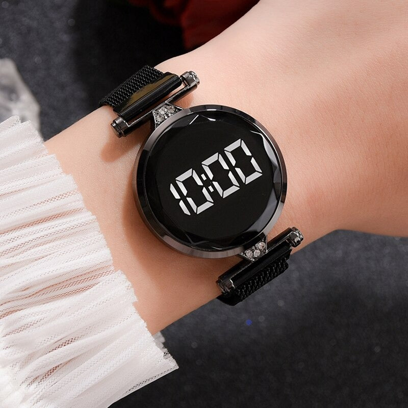Digital Watch with Magnetic Mesh Band